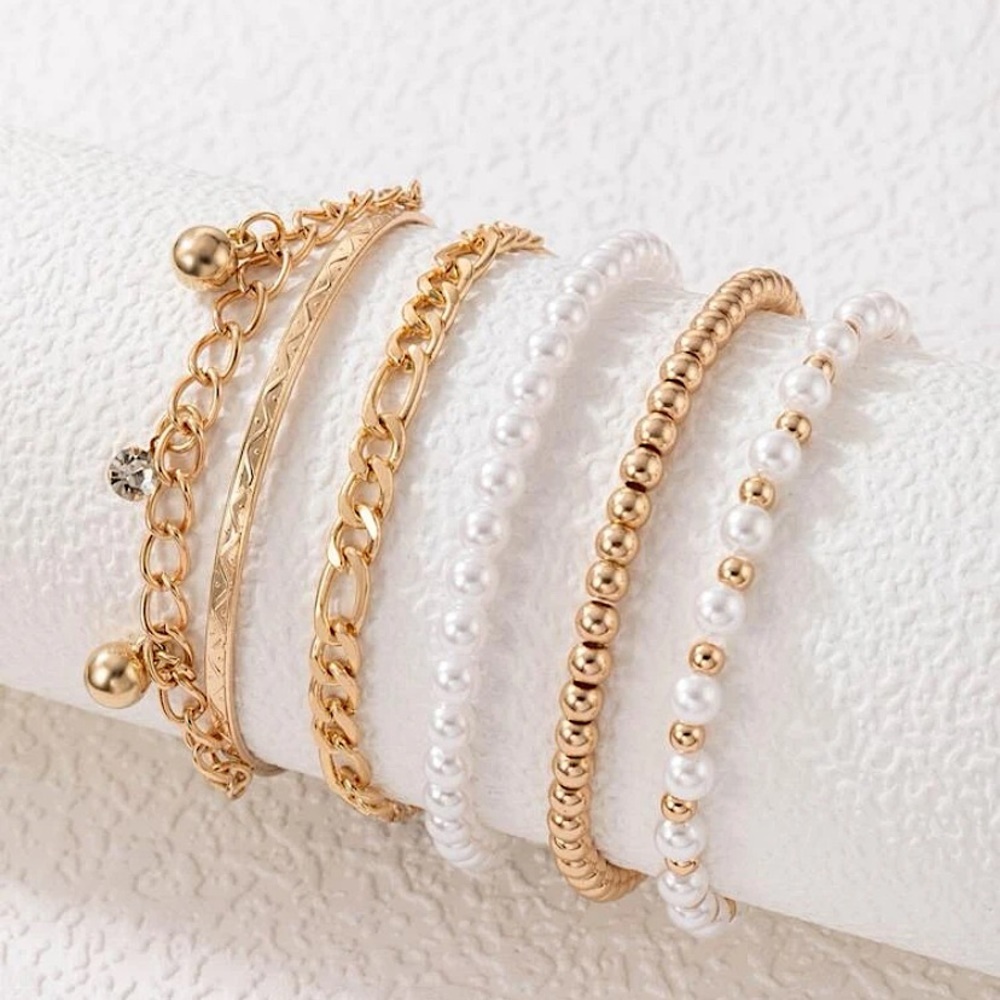 Gold Plated Chain and Faux Pearl Bracelets - set of 5 - Picture 2 of 5